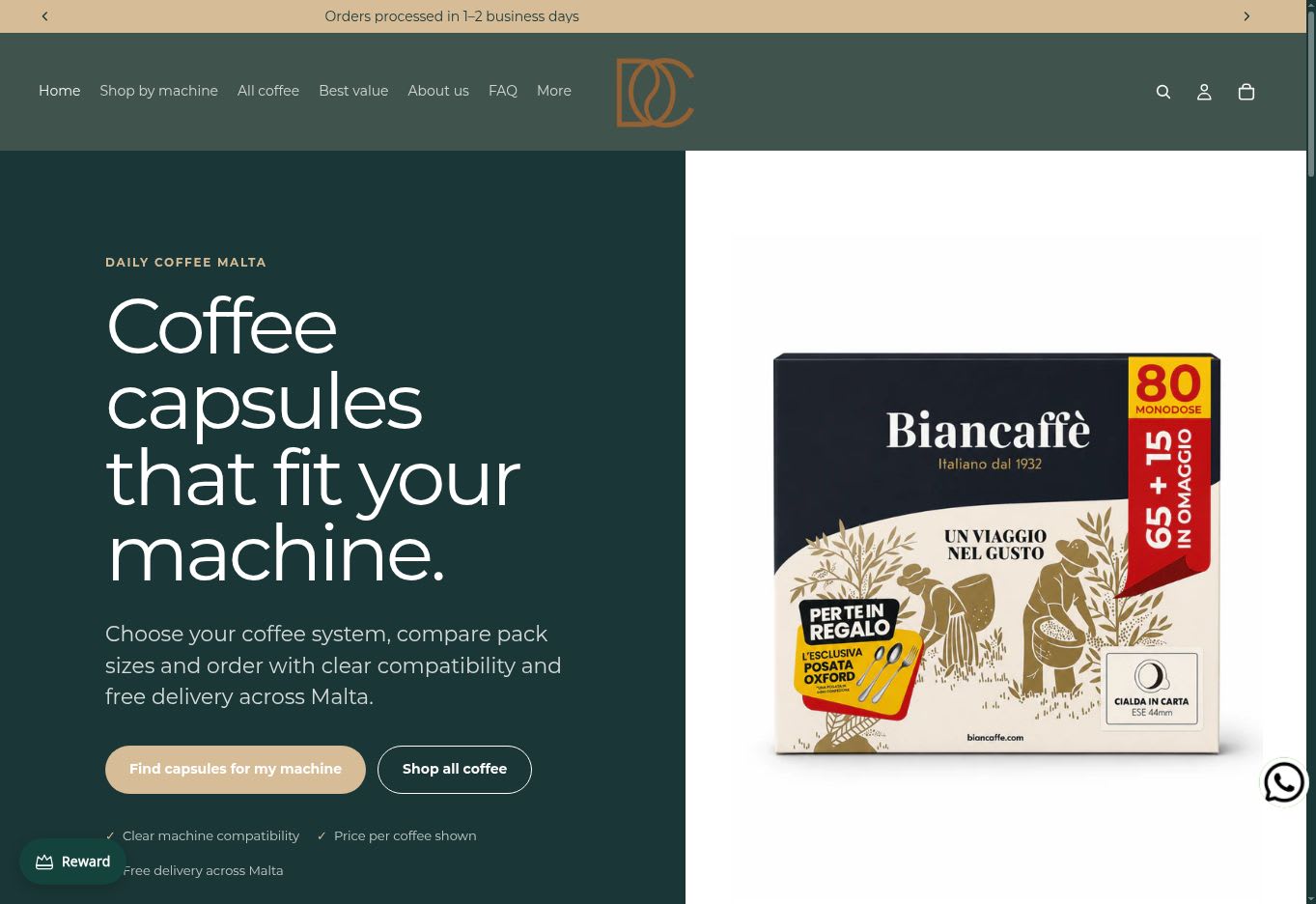 Homepage DailyCoffeeMalta progettata su Shopify