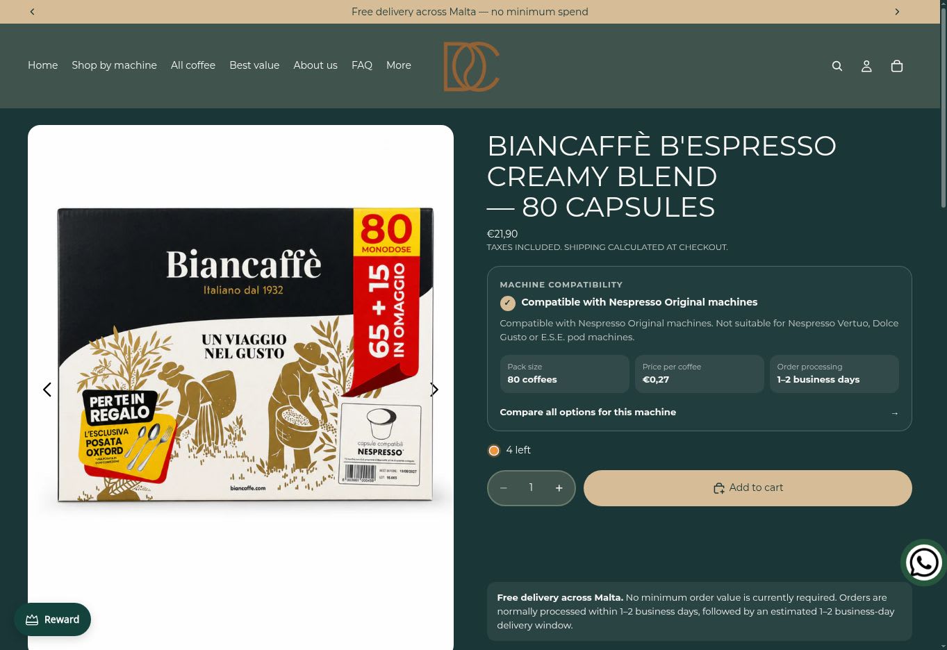 Pagina prodotto reale del progetto DailyCoffeeMalta su Shopify