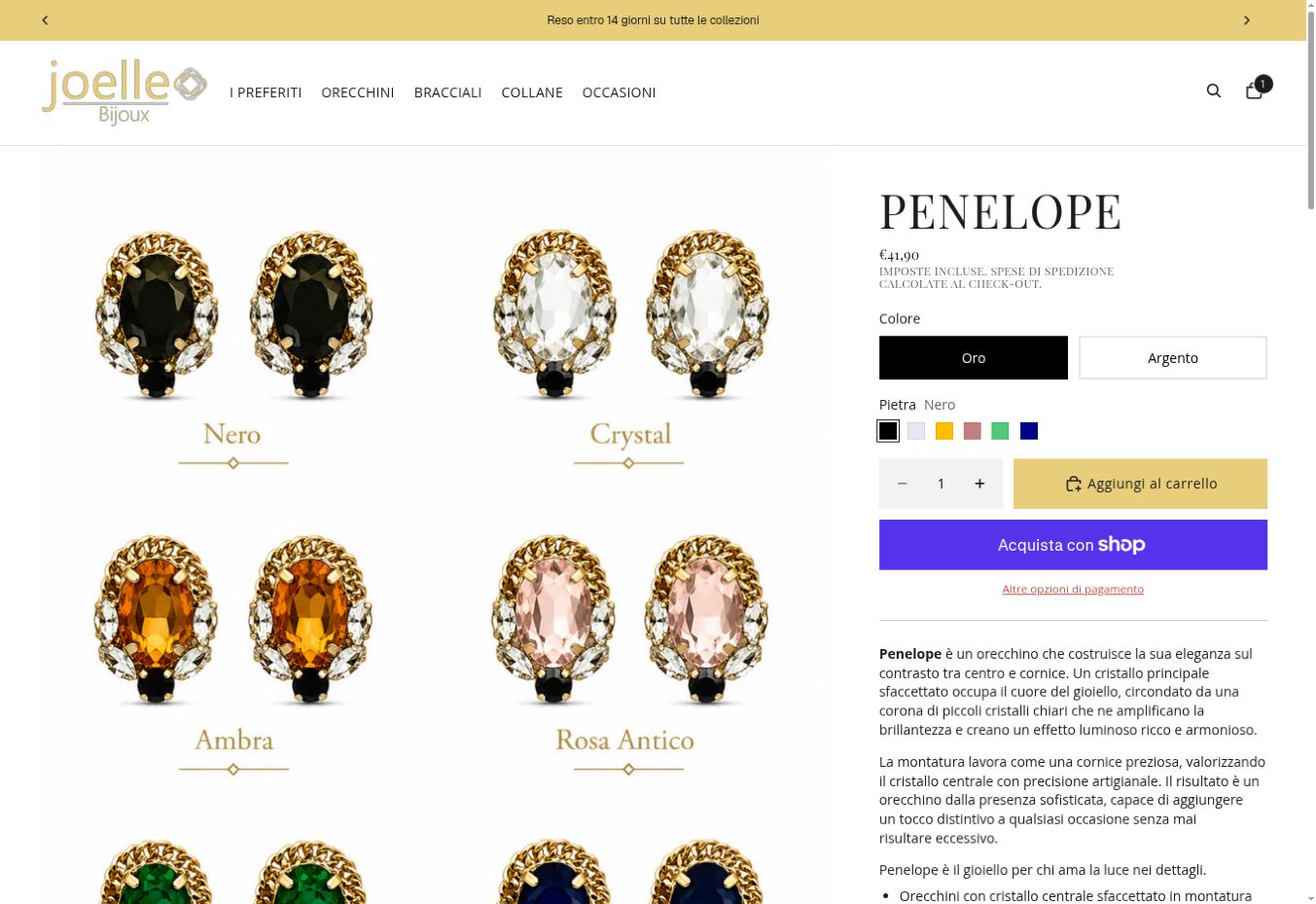 Pagina prodotto reale del progetto Joelle Bijoux su Shopify